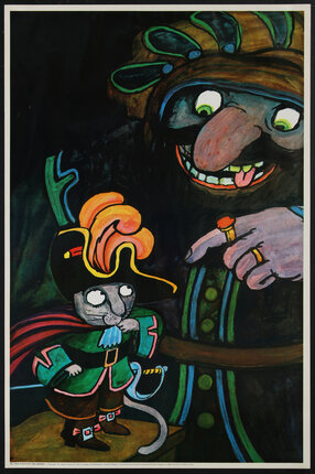 poster cartoon illustration of a fairytale ogre pointing at a cat in clothes (puss 'n boots)