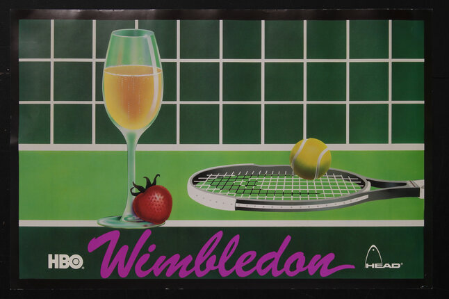 a poster of tennis ball and racket, and a glass of champagne and a strawberry