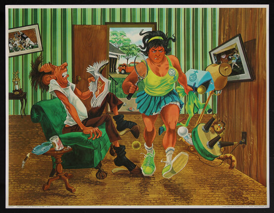 a poster of woman walking in a living room