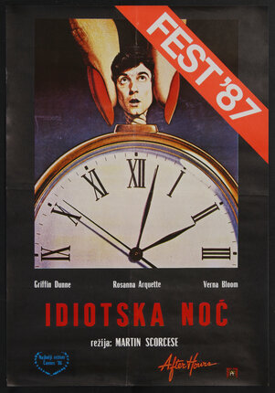 movie poster with a stop-watch clock-face topped with a man's head that is being squeezed and twisted in between two giant fingers with long red nails