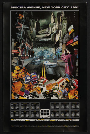 poster calendar with a surreal collage of an iceberg flowing in a NYC street and a person taking a photo of it