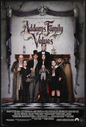 poster with a goth family posing for a portrait