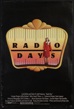 a poster of a woman pursing her lips to a microphone while standing in front of a giant radio dial with a black background