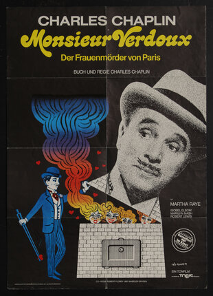 movie poster with a man with a mustache wearing a hat and a smaller cartoon illustration of a man lifting the lid of a pyramid to expose four women