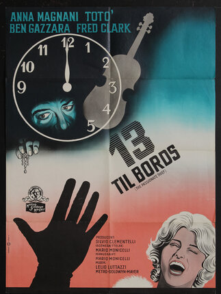 a movie poster with eyes in a clockface, a shadow of a hand, and a woman laughing