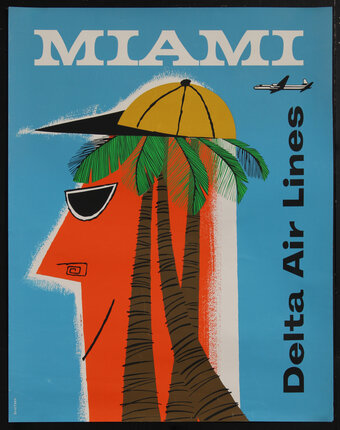 poster with a face in profile wear a baseball cap and having a palm tree for hair