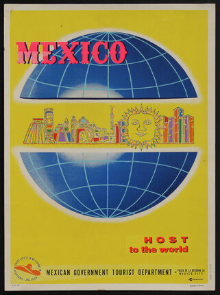 poster with a globe and a row of buildings and a sun