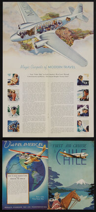 poster with a plane and a book cover with a plane over a globe and a plane over a mountain