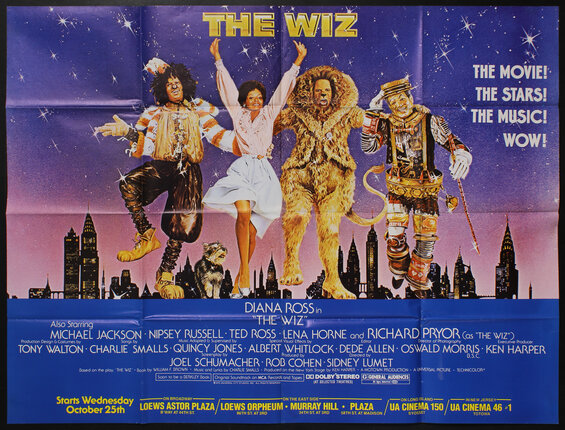 Movie poster with dancers in costumes leaping above a sign with a city skyline, below them is their reflection.