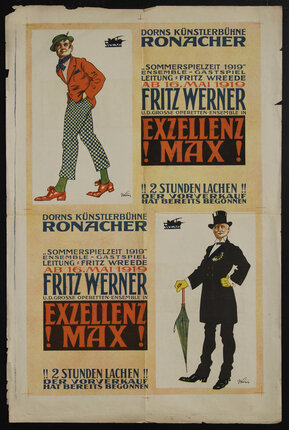 a poster with a man in checkered pants and a man in a black suit