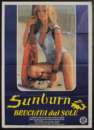 a movie poster of a woman in a swimsuit at the beach on one knee with an oar