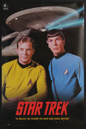 poster with portraits of Captain James T. Kirk (William Shatner), Mr. Spock (Leonard Nimoy) and a space ship the USS Enterprise