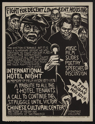 a poster with protestors in front of a microphone