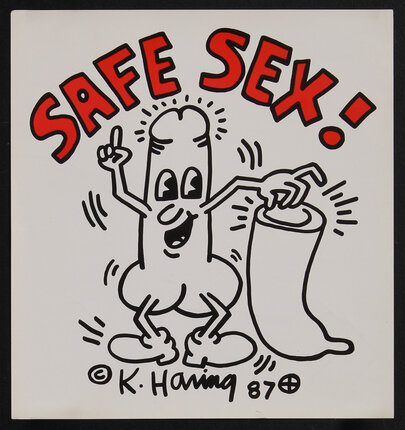 a white poster with a cartoon penis character holding a condom and red text