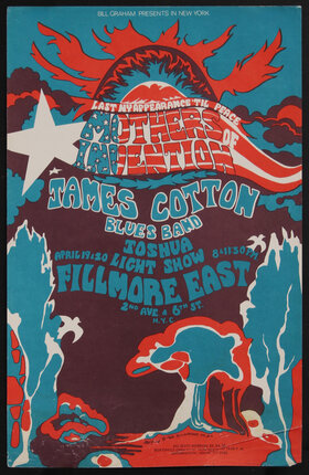 psychedelic poster with an American flag and some sun, cloud, and tree shapes