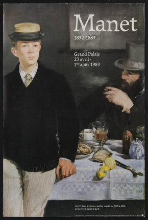a poster of a painting of a boy and man at a table