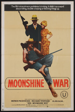 a poster of a three people posing: a man in overalls holding a shot gun, a man in a suit holding an automatic rifle, a woman in a yellow gown