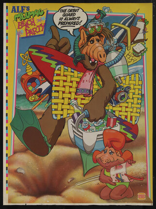 poster that depicts ALF walking into a hole on the beach loaded up with beach gear
