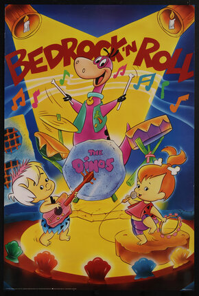 a cartoon of two children and a dinosaur playing music