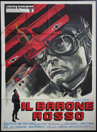 a poster of a man with a red plane and black text