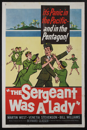 a poster of a movie with cartoon drawings of a man in uniform surrounded by women in uniforms