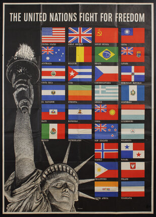 a poster with the Statue of Liberty and many flags