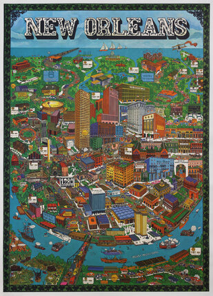 a poster of cartoon rendering of people in a lively town