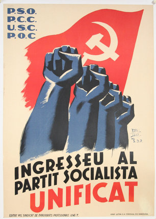 a poster with hands raised up and socialist flag