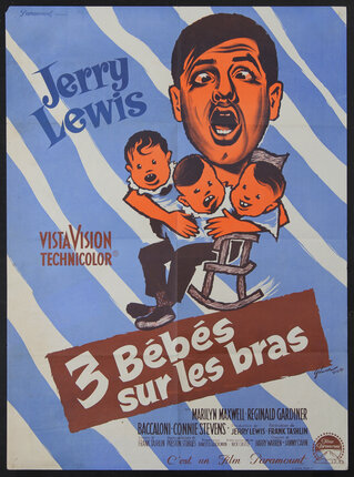 a poster with a caricature of a cross-eyed man in a rocking chair, yelling while holding three babies in his lap 