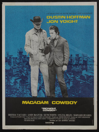 a movie poster of a cowboy and a man in a suit smoking a cigarette with a city skyline in the background
