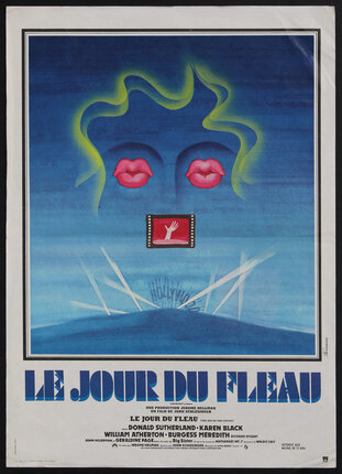 movie poster with a surreal face in the sky made up of lips for eyes and a film strip for a mouth with Hollywood spotlights below