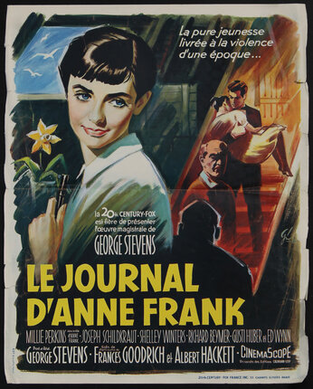 movie poster for the film The Diary of Anne Frank with a young girl holding a pen? by a window and some other scenes
