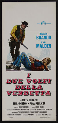 a poster with a man pointing a rifle at another man who is handcuffed and lying on his back on the ground