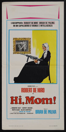 a movie poster of an old woman wearing a black dress, in a chair holding an automatic rifle gun with a picture on the wall