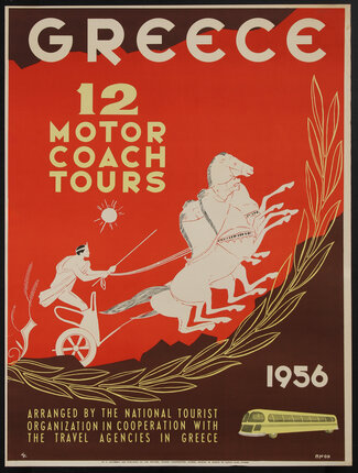 poster with an illustration of a classical Greek figure on a chariot drawn by horses