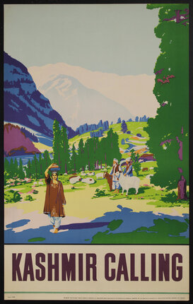 a poster of a woman with a jug on her head walking in a valley and shepherds or goatherds in the background
