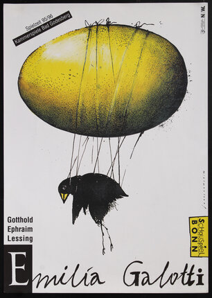 poster with a surreal image of a bird tied up to a floating egg
