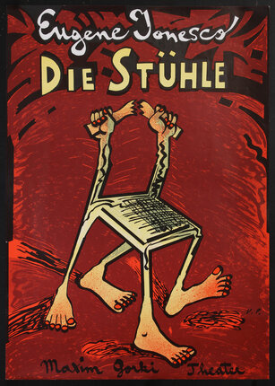 surreal poster of a chair with human hands and feet