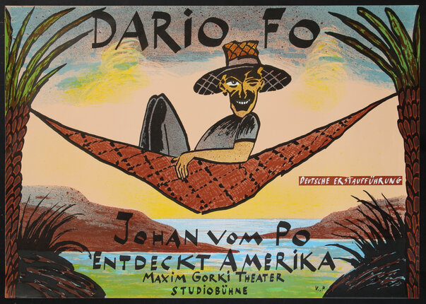 poster with a man winking one eye while in a hammock tied to two palm trees