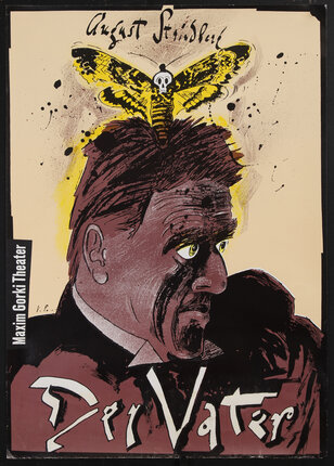 poster of a man with a butterfly on his head. the butterfly has a skull on it