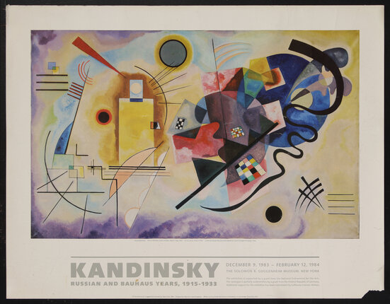 poster with an abstract painting of blobs, arcs, lines, squiggly lines, grids and other shapes