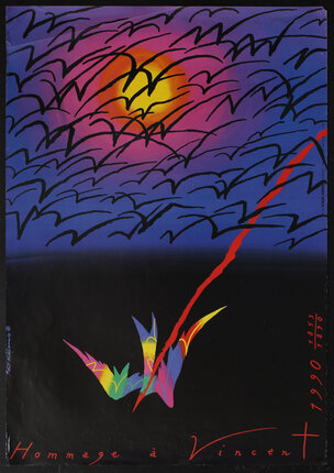 poster with a colorful bird flying downward with a red ribbon in its mouth and a other abstract birds filling a sky with a radiant sun in the background