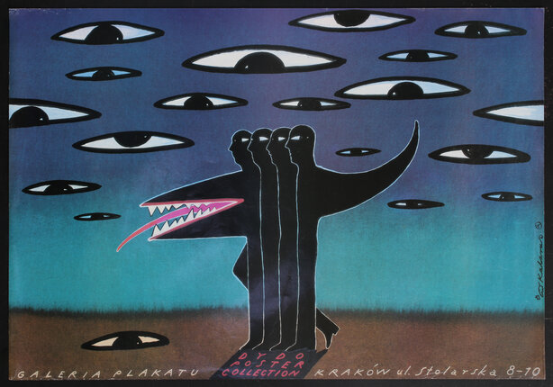 poster with many eyes in the sky a needle nosed monster face with teeth and tongue protruding from four walking human figures 