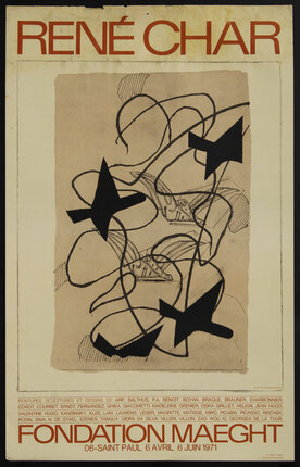 poster with text and scribbly lines and abstract birds