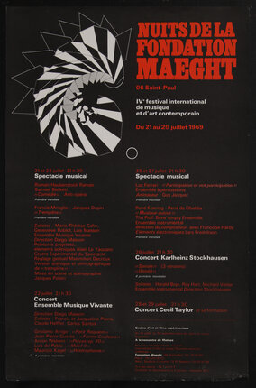 poster with a black and white spiraling graphic and red and white text on black background