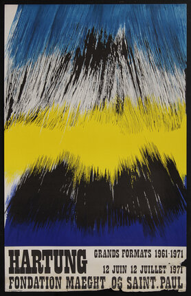 poster with abstract painting with yellow, blue, white, and black brushstrokes