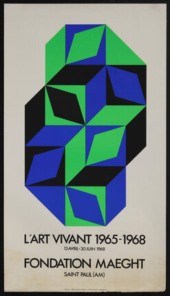poster with op art abstract artwork made up of blue, green, and black shapes