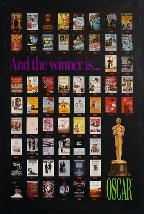 poster with a grid of movie posters and an Oscar statuette. 