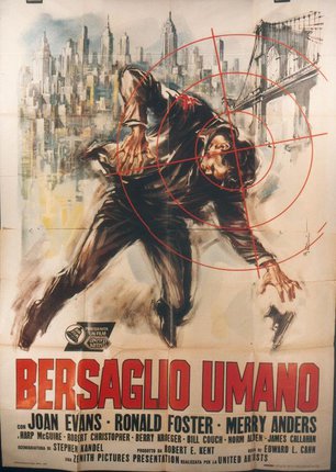 a poster of a man running away from a city