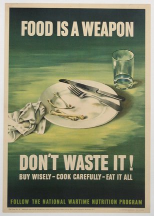 a poster with a plate of food and a glass